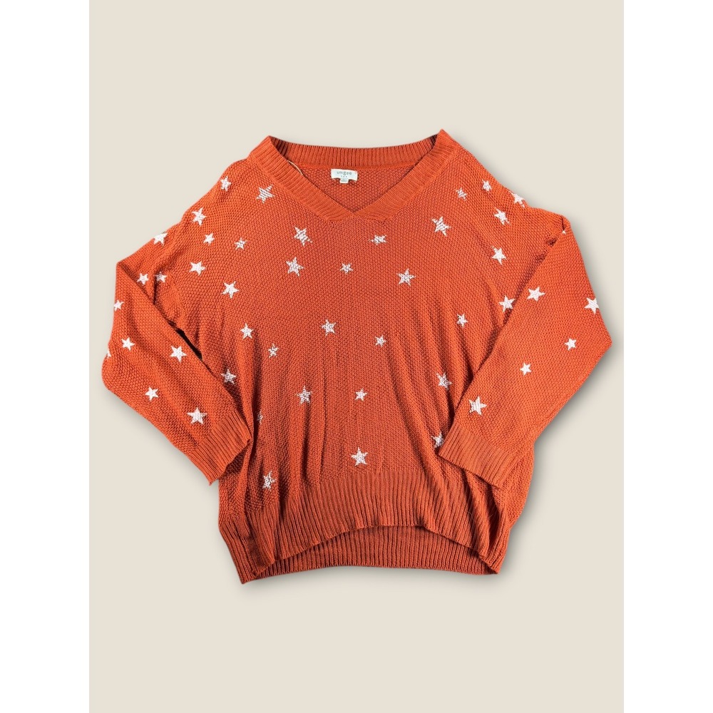 Umgee USA Womens Burnt Orange Star Print V-Neck Knit Sweater Large A6082
